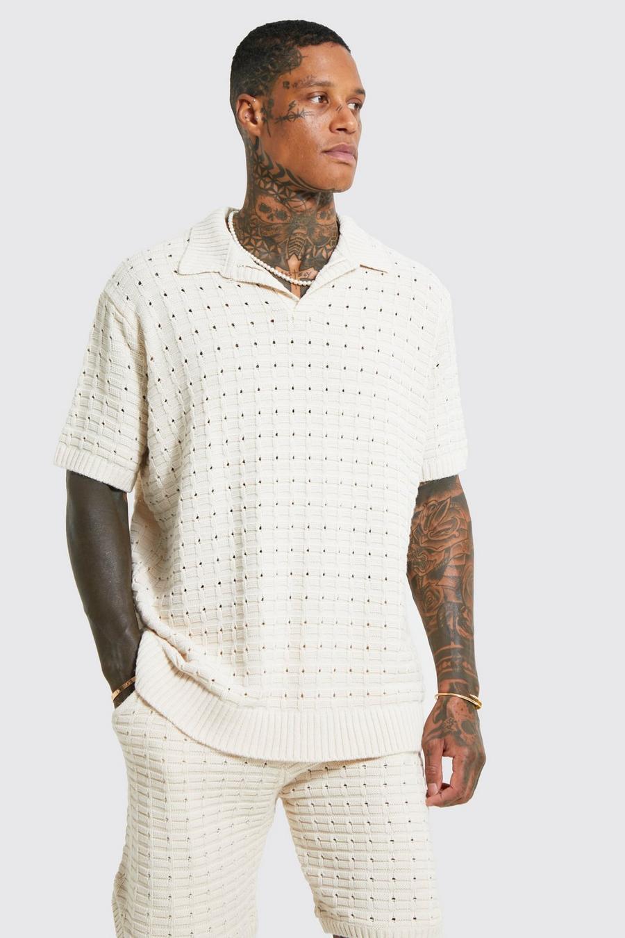 Cream Chunky Knitted Open Stitch Polo image number 1