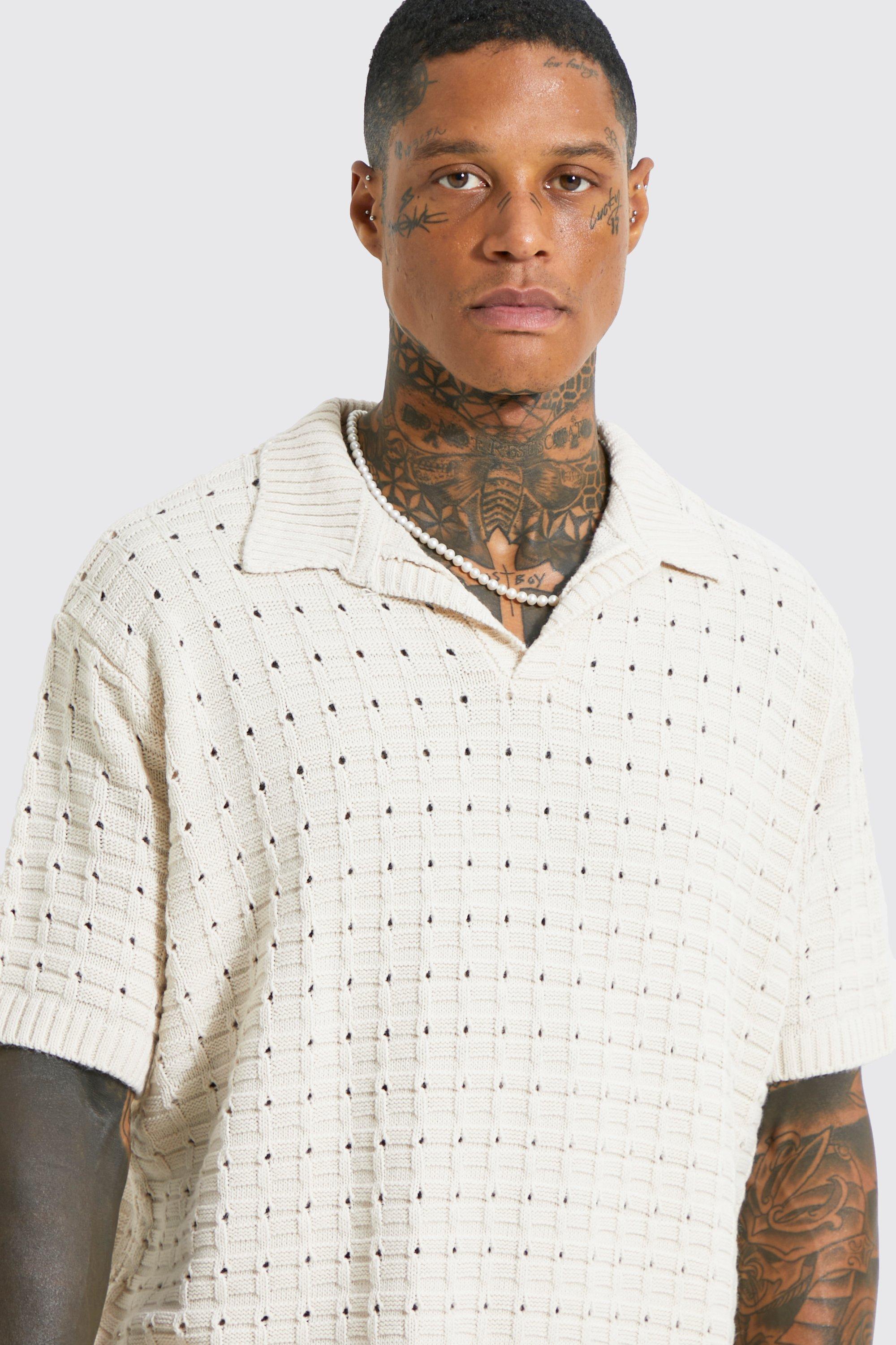 boohoo Mens Open Stitch Button Down Knitted Shirt - White XL