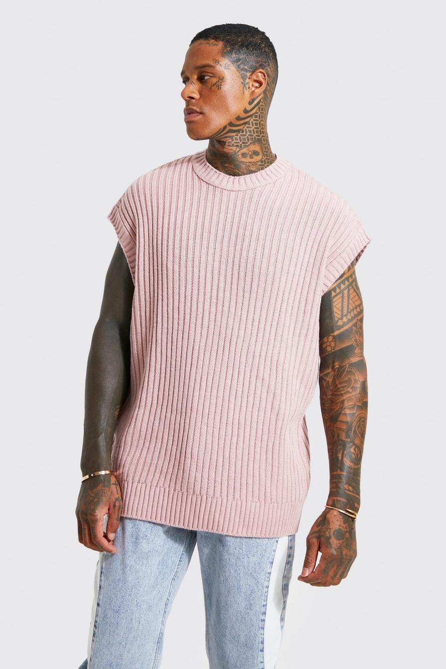 Dusty pink Oversized Crew Neck Ribbed Knitted Vest image number 1