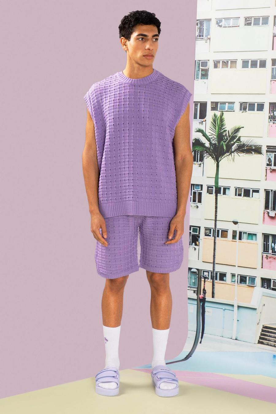 Lilac Oversized Knitted Vest & Shorts Set image number 1