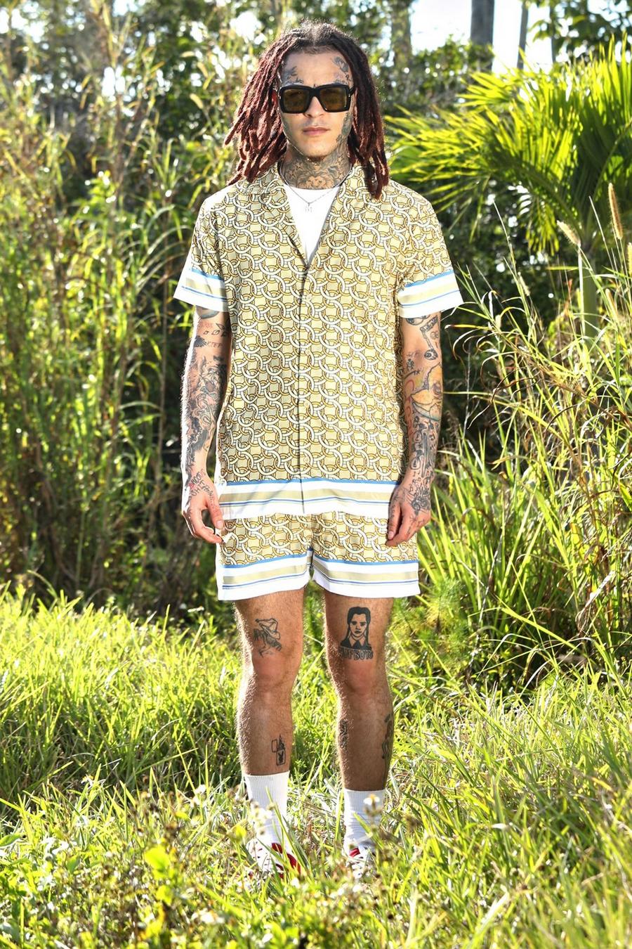 Yellow Geo Face Print Shirt And Swims Set image number 1