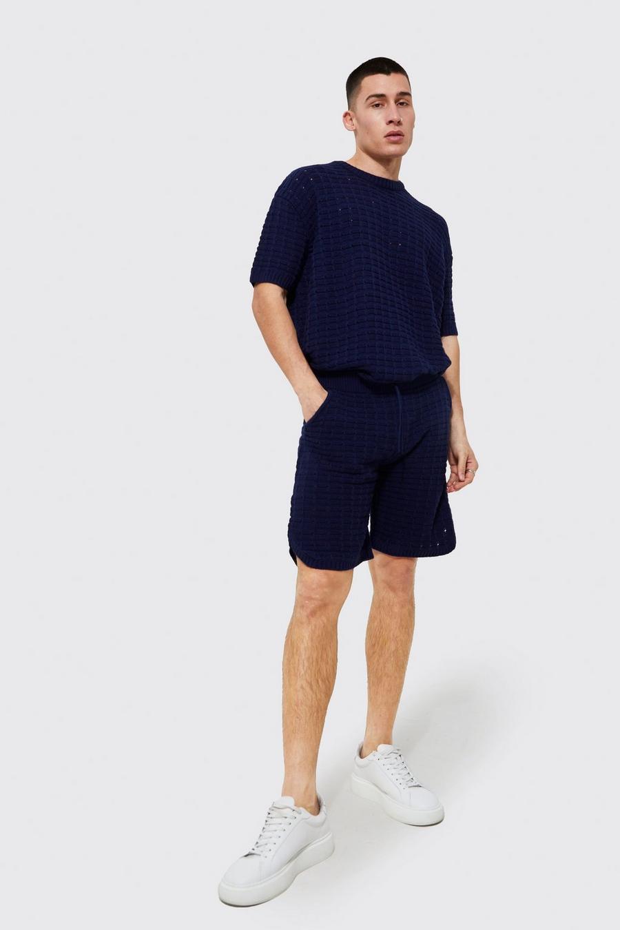 Navy Oversized Knitted T-shirt & Shorts Set image number 1