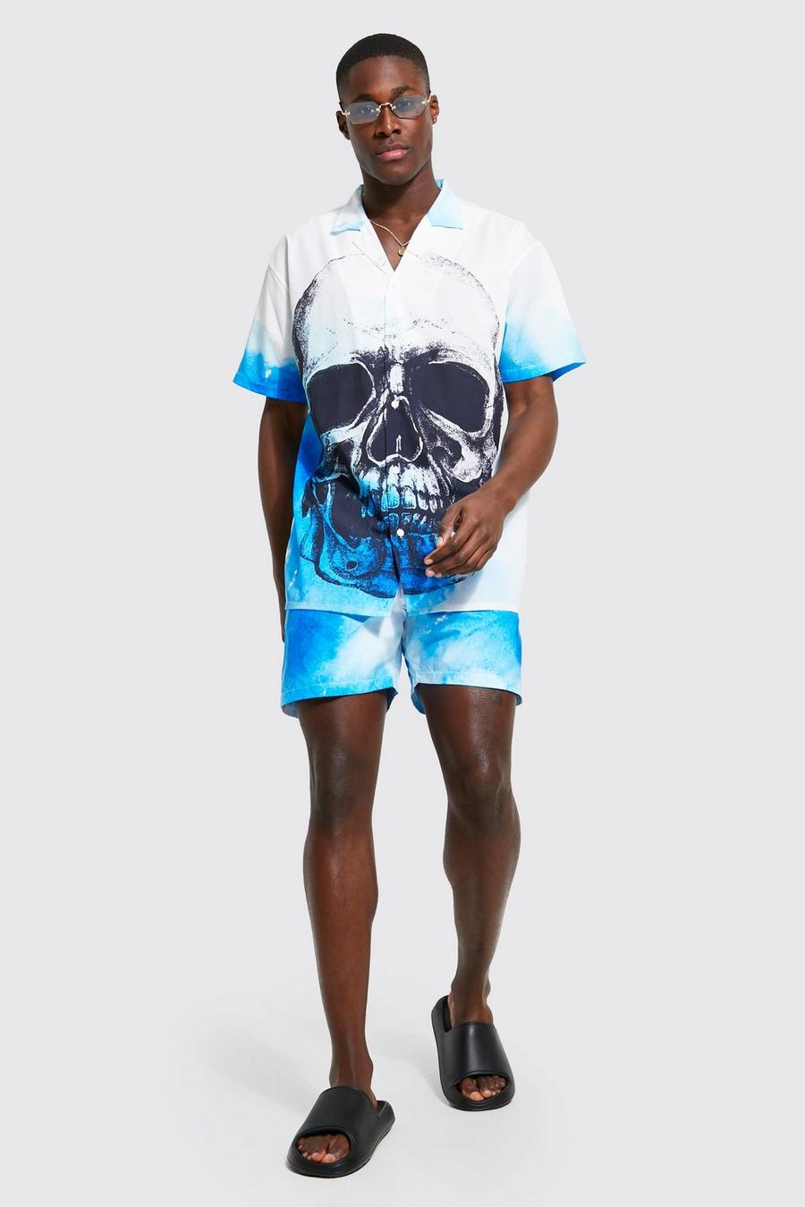 Blue Oversized Skull Tie Dye Shirt And Swims Set image number 1
