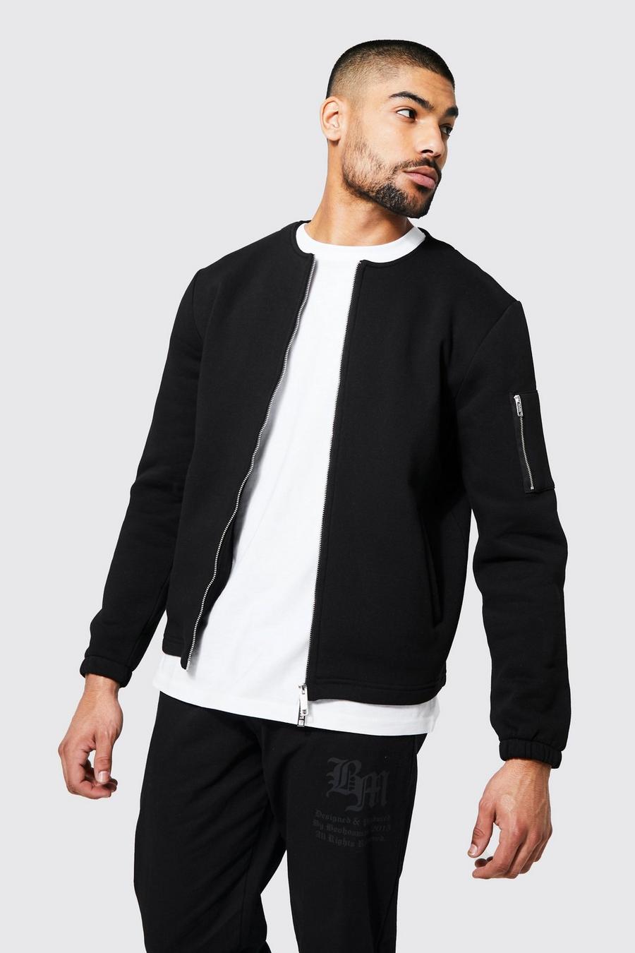 Black Heavy Jersey Collarless Double End Zip Bomber image number 1