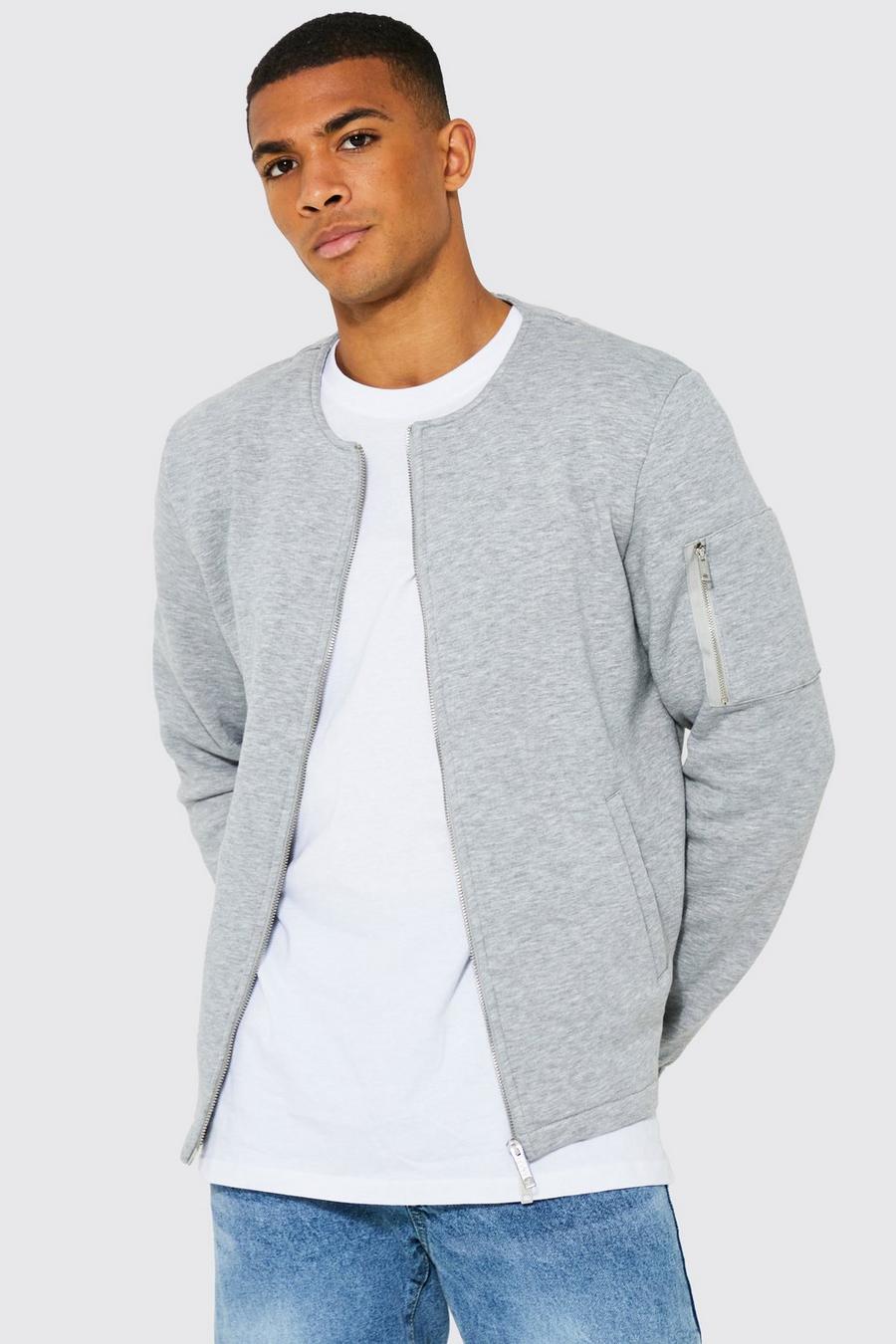 Grey marl Heavy Jersey Collarless Double End Zip Bomber