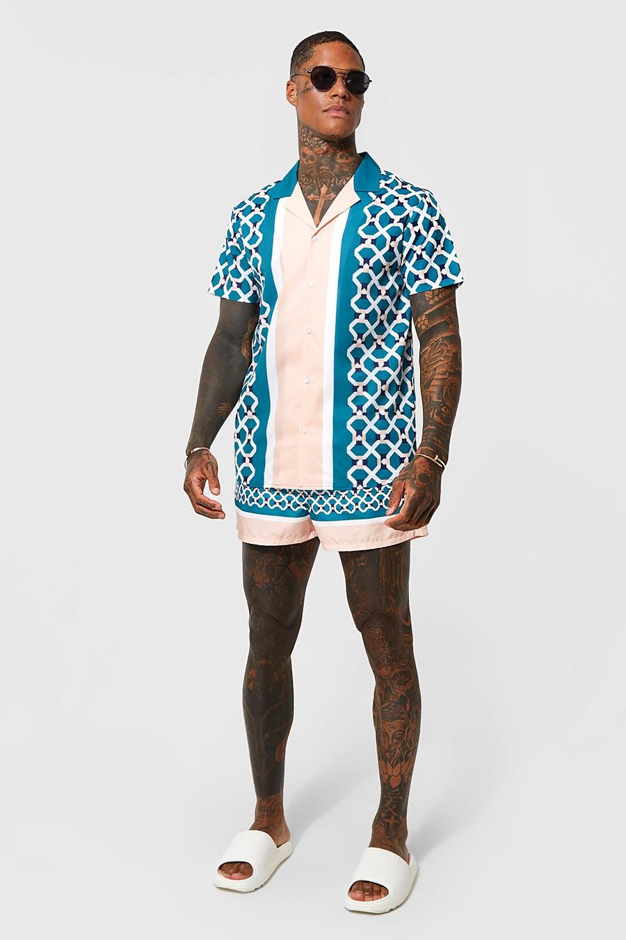 Blue Geo Border Print Shirt And Swims Set image number 1