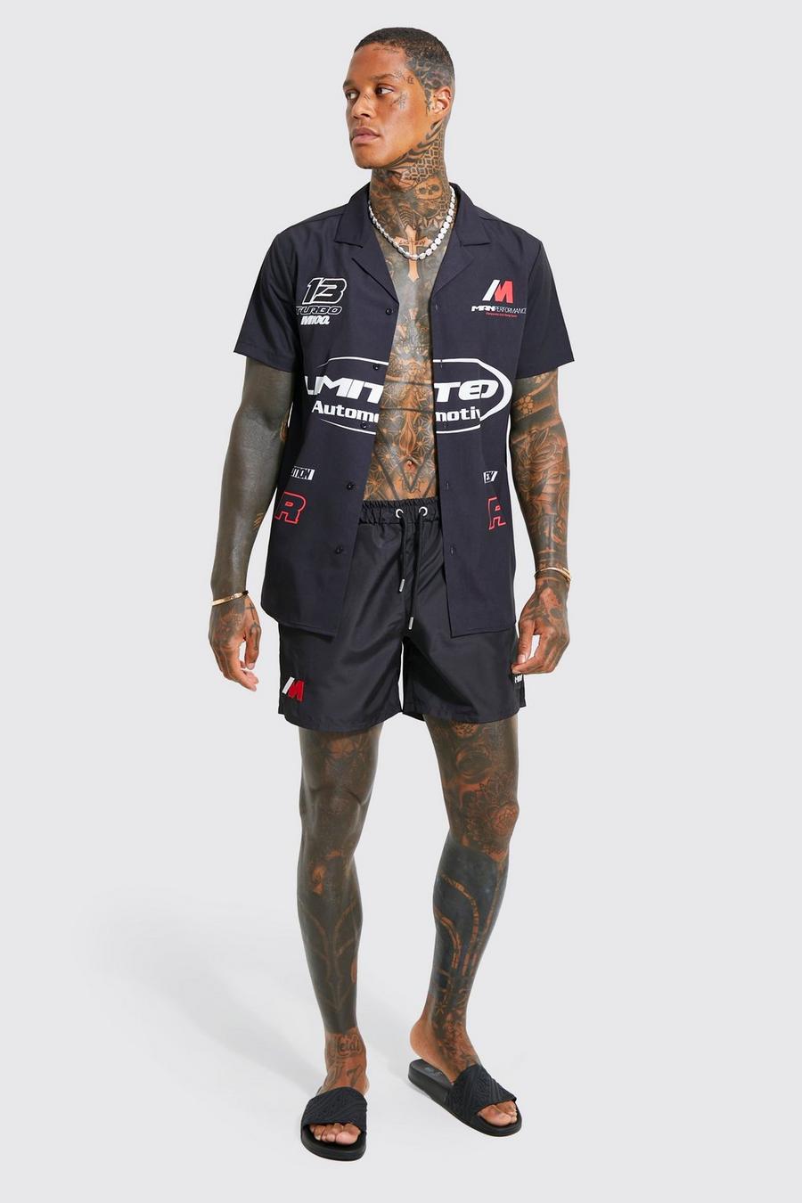 Black Moto Sport Applique Shirt And Swim Shorts Set