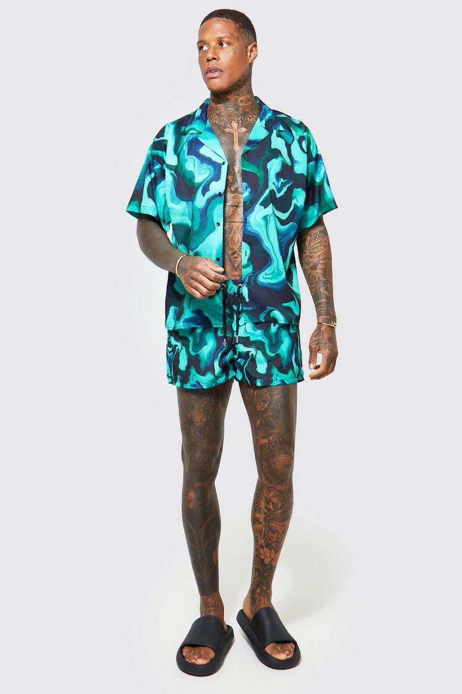 Green Boxy Marble Shirt And Swims Set image number 1