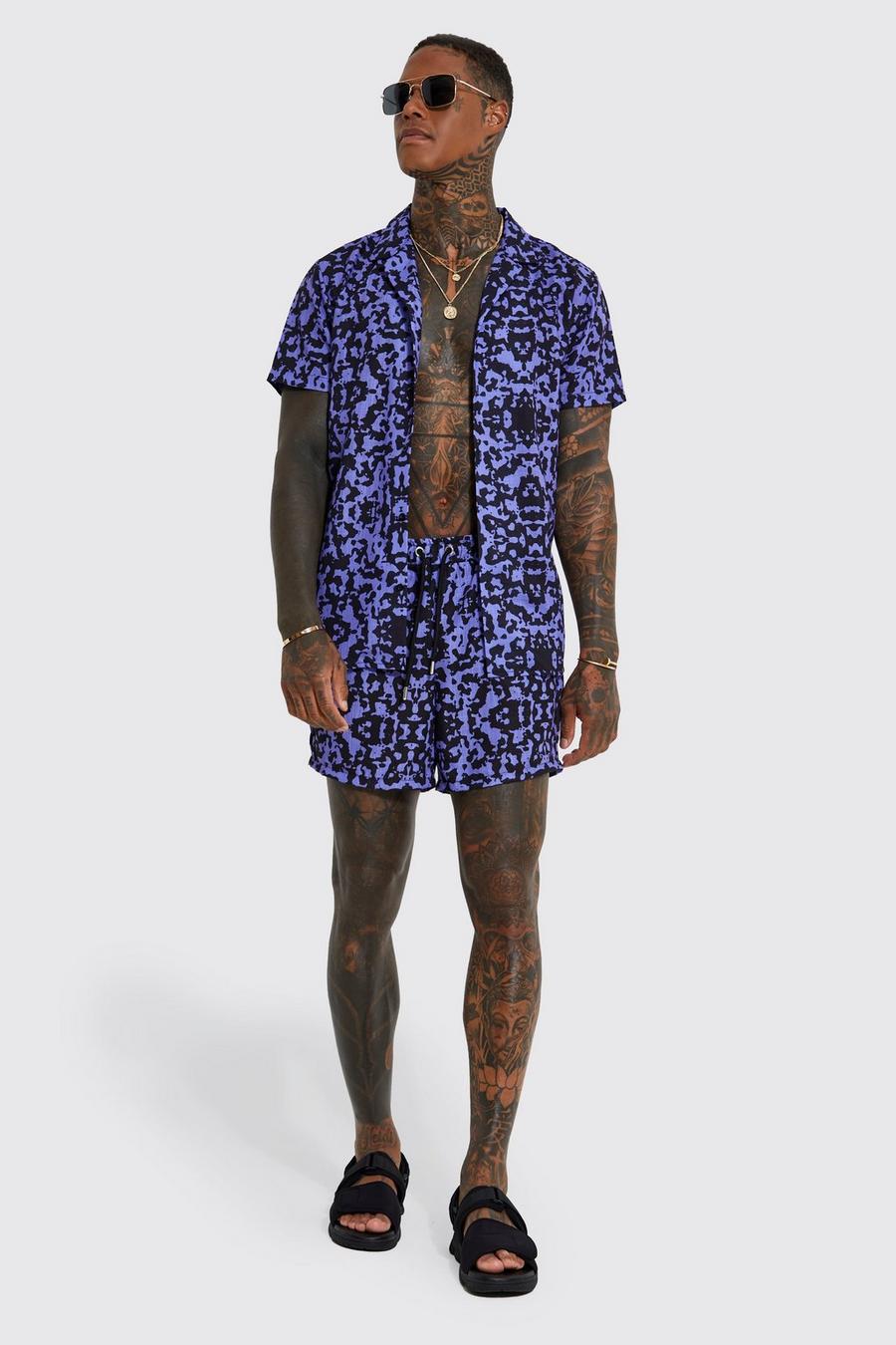 Lilac Textured Abstract Camo Shirt And Shorts Set image number 1