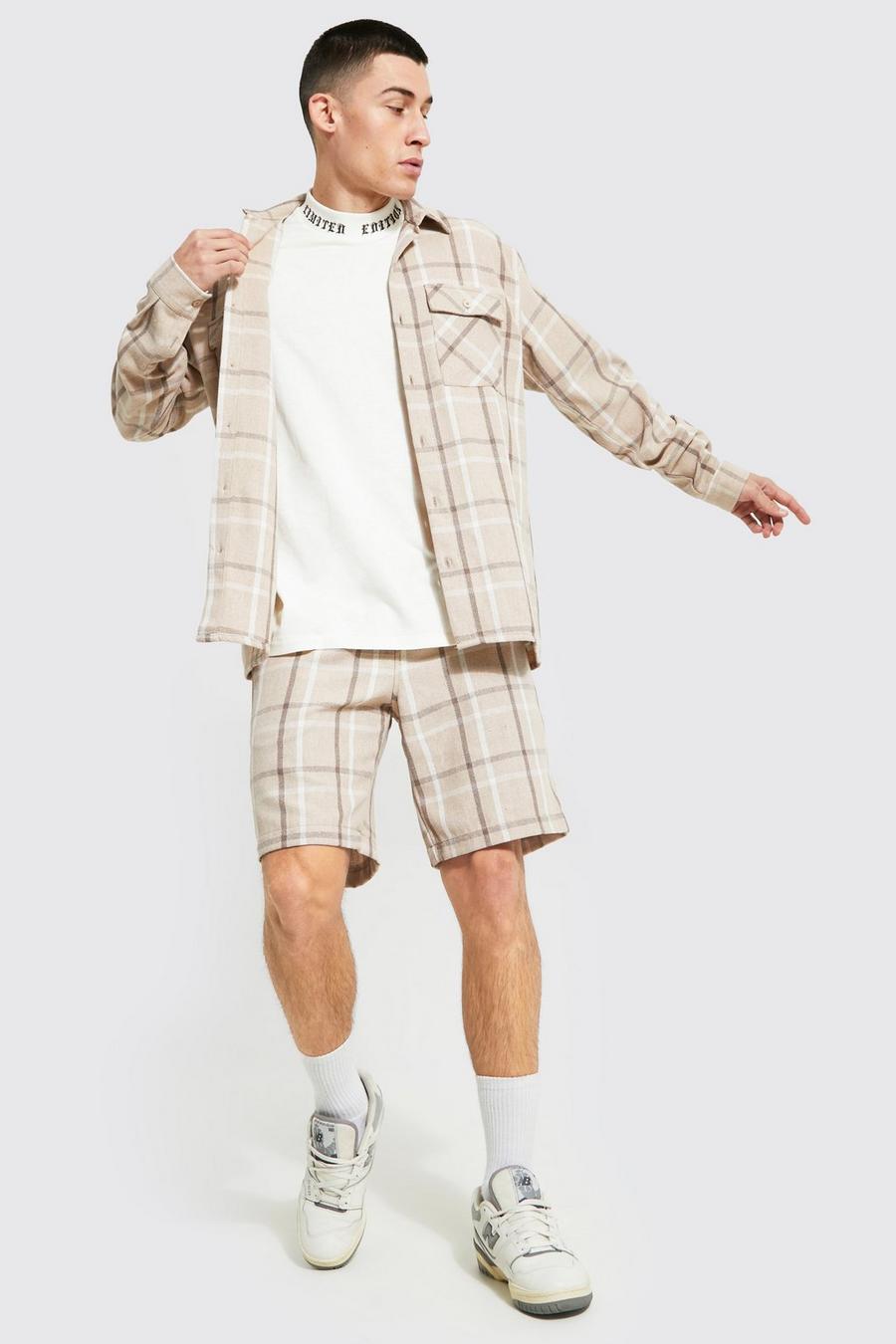Beige Check Flannel Overshirt And Short Set