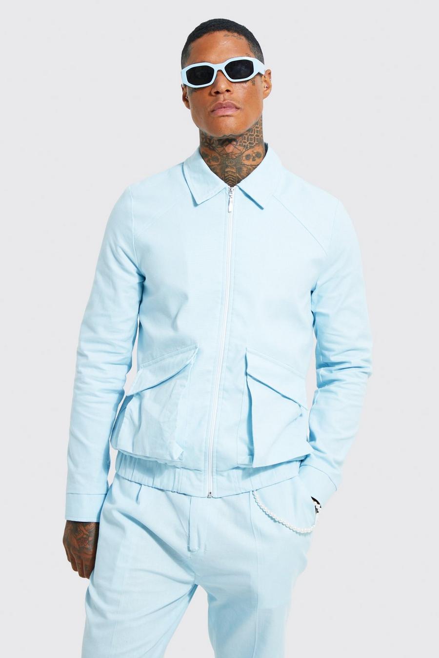 Smarte Harrington-Jacke aus Leinen mit 3D-Taschen, Light blue blau