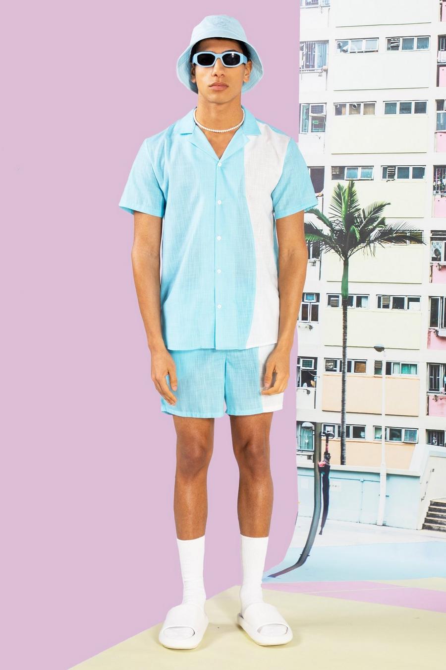 Light blue Textured Curved Spliced Shirt And Shorts