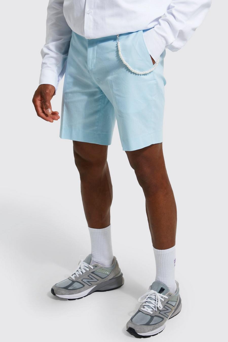 Light blue Tailored Mid Length Shorts With Pearl Chain image number 1