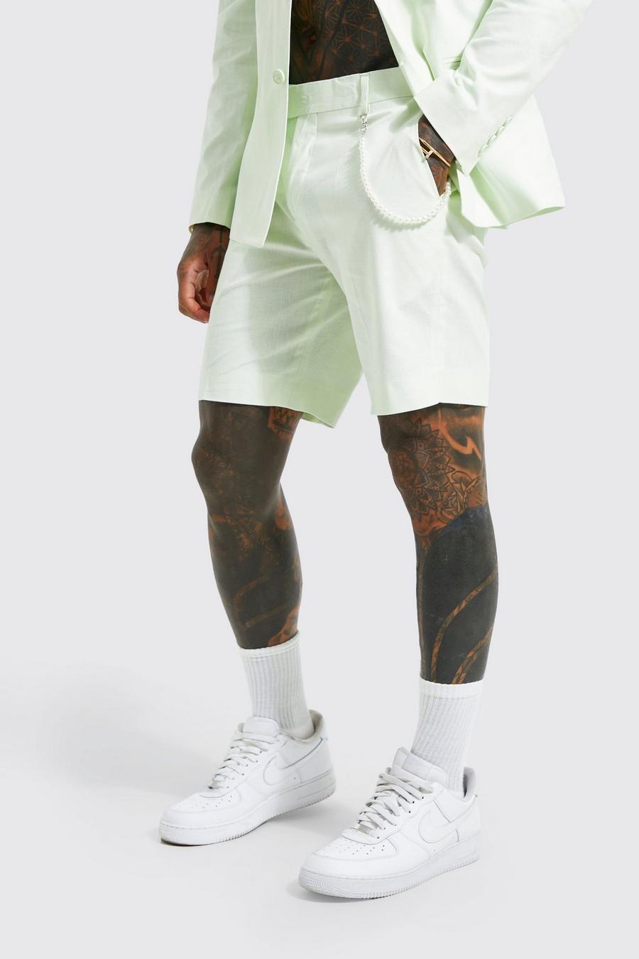 Light green Tailored Mid Length Shorts With Pearl Chain