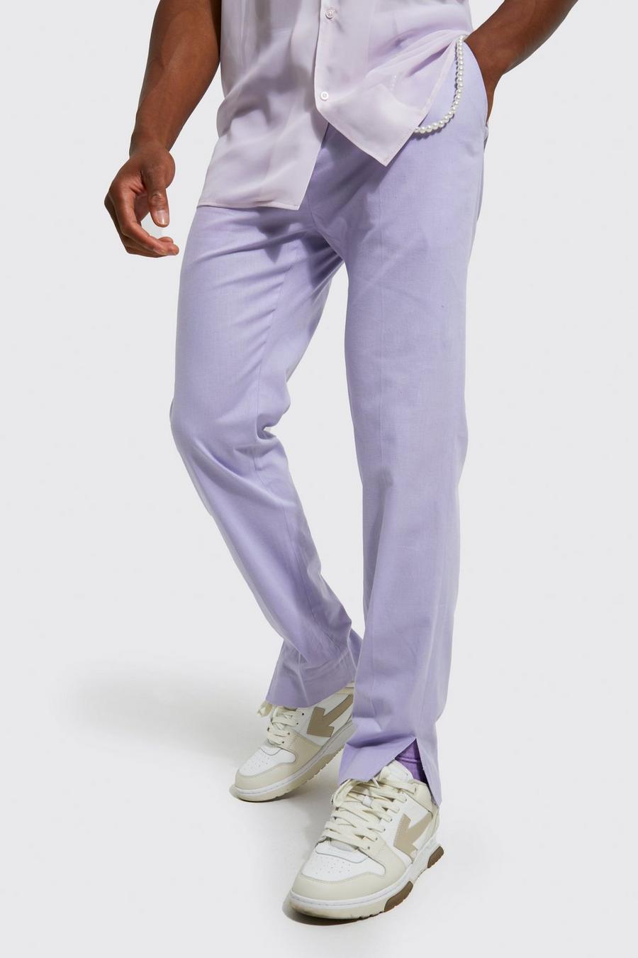 Lilac Slim Fit Linen Split Hem Trousers With Chain