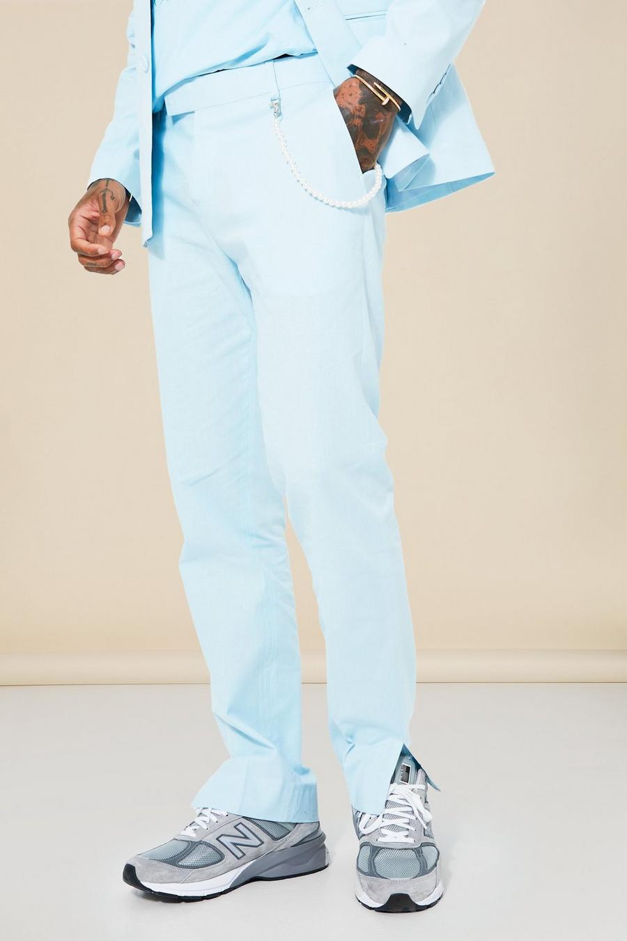 Pantaloni Slim Fit in lino con catena e spacco sul fondo, Light blue azzurro
