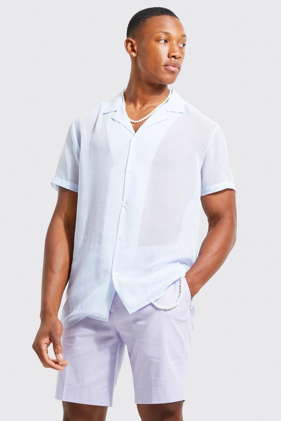 Light blue Short Sleeve Revere Sheer Chiffon Shirt image number 1