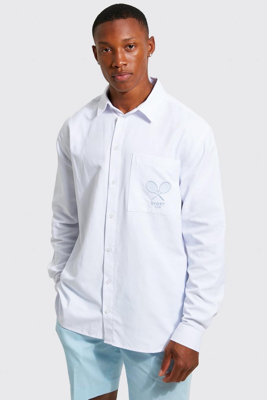 White Oversized Curved Hem Embroidered Oxford Shirt image number 1