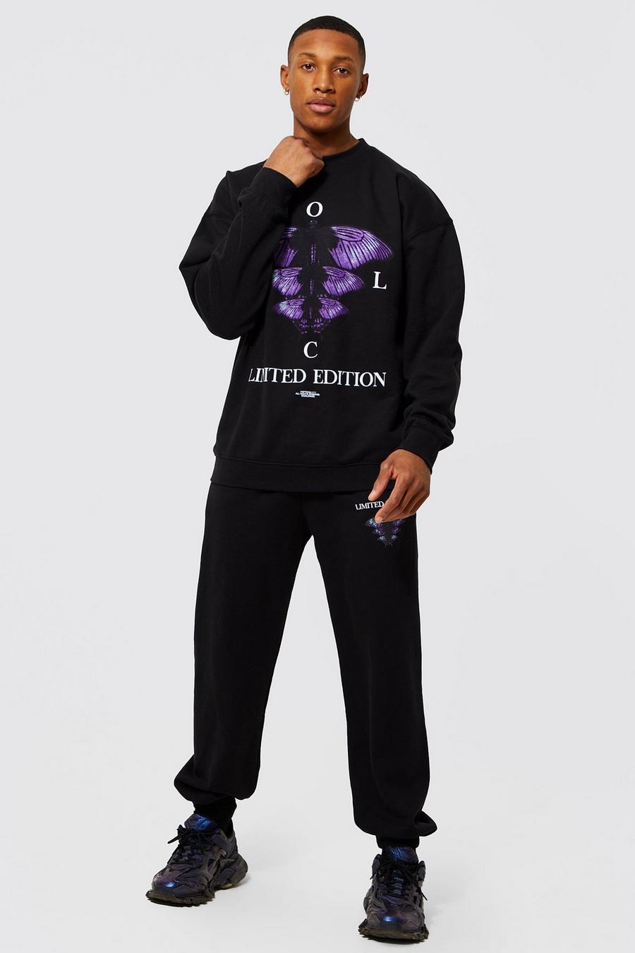 Recycelter Oversize Sweatshirt-Trainingsanzug mit Print, Black noir image number 1