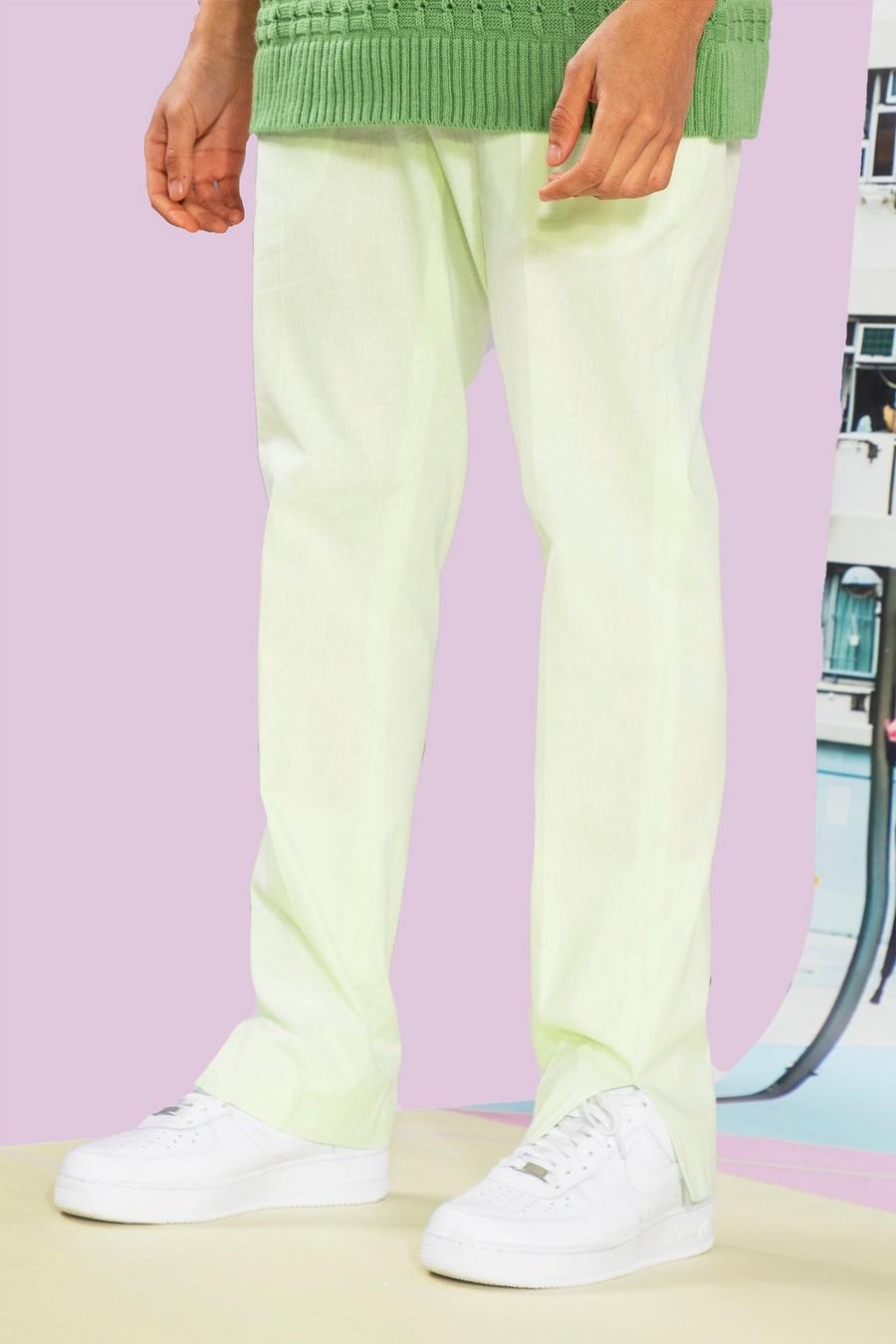 Pantalon slim effet lin à chaîne et fentes, Light green image number 1