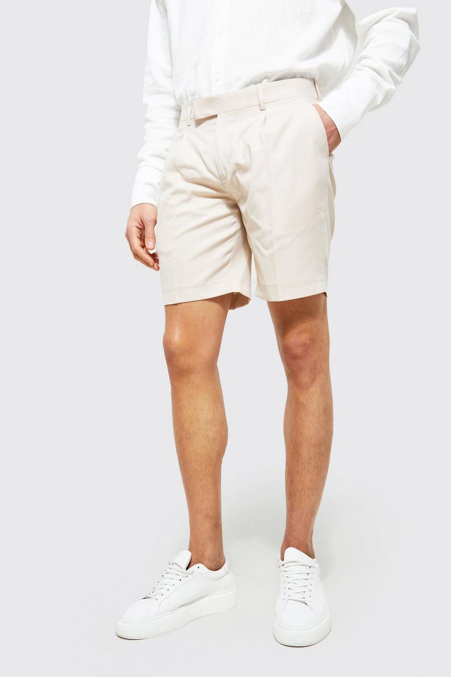 Ecru Slim Fit Plain Tailored Shorts image number 1