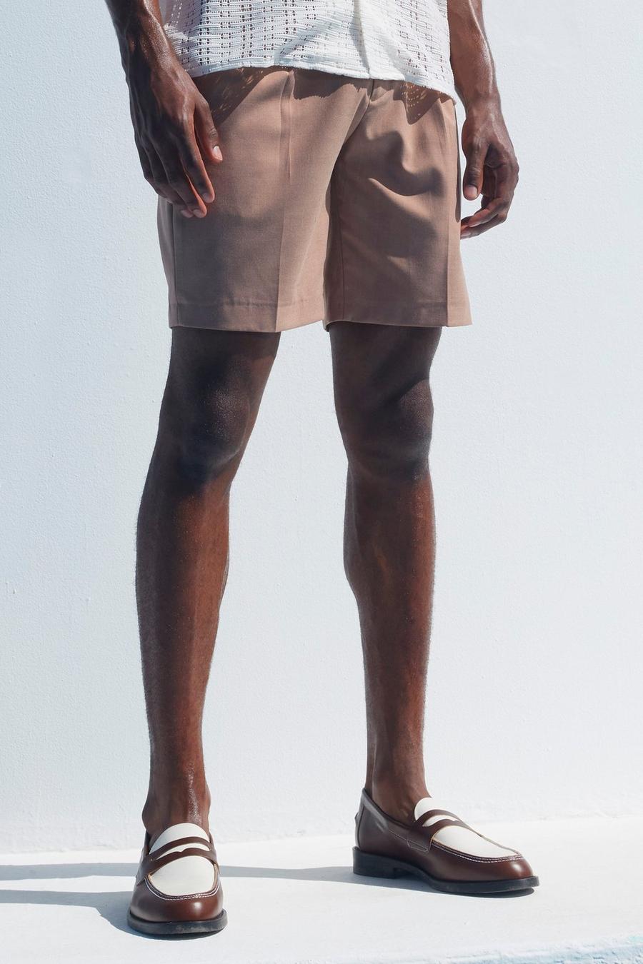 Tan Slim Fit Plain Tailored Shorts image number 1