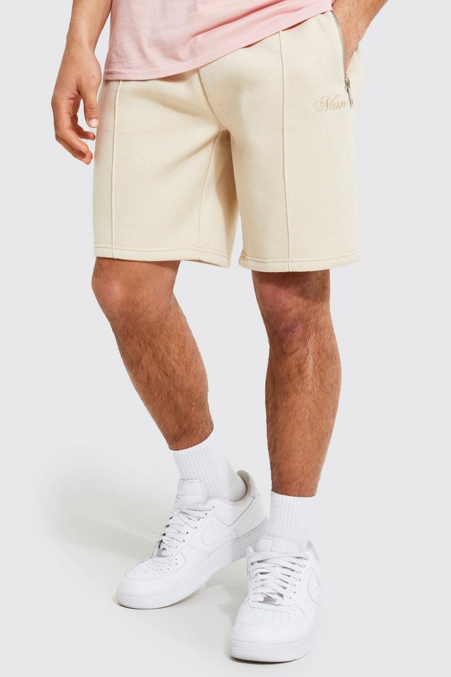 Sand beige Loose Fit Man Embroidered Pintuck Short