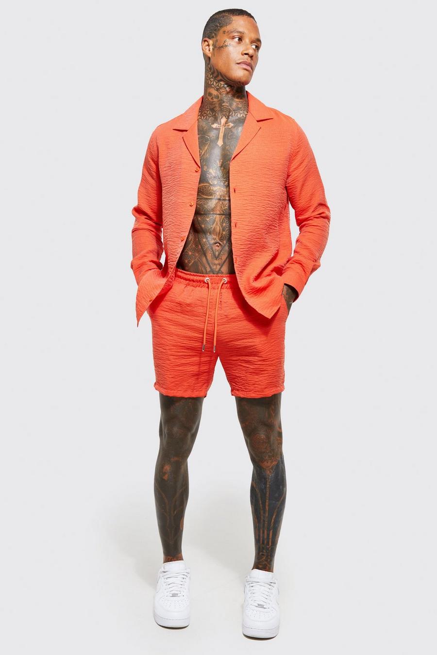 Rust orange Long Sleeve Textured Revere Shirt And Short