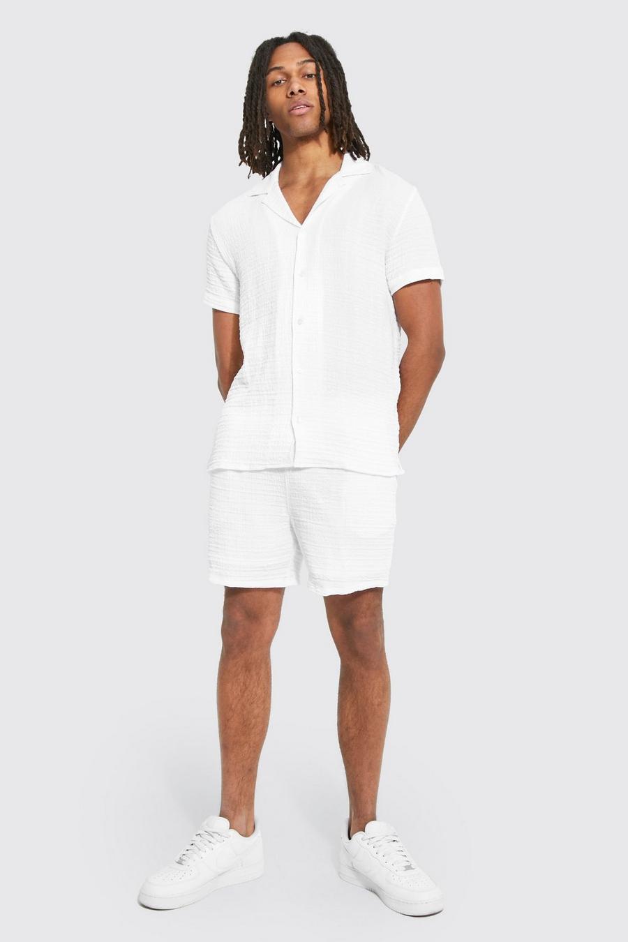 White Short Sleeve Textured Shirt And Short