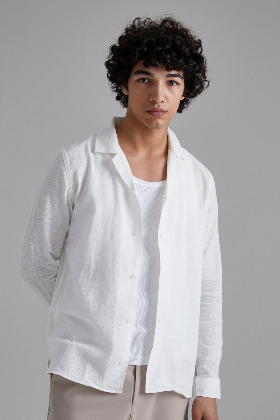 Ecru white Long Sleeve Revere Textured Slub Shirt