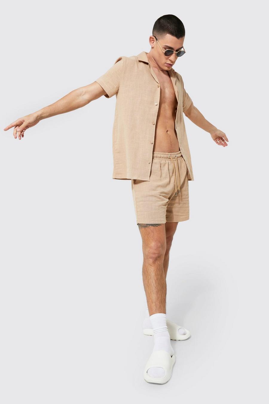 Taupe beige Kortärmad skjorta och shorts med struktur