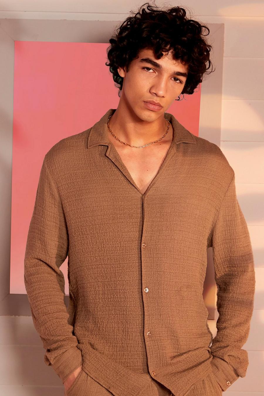 Mocha Long Sleeve Revere Soft Textured Shirt image number 1