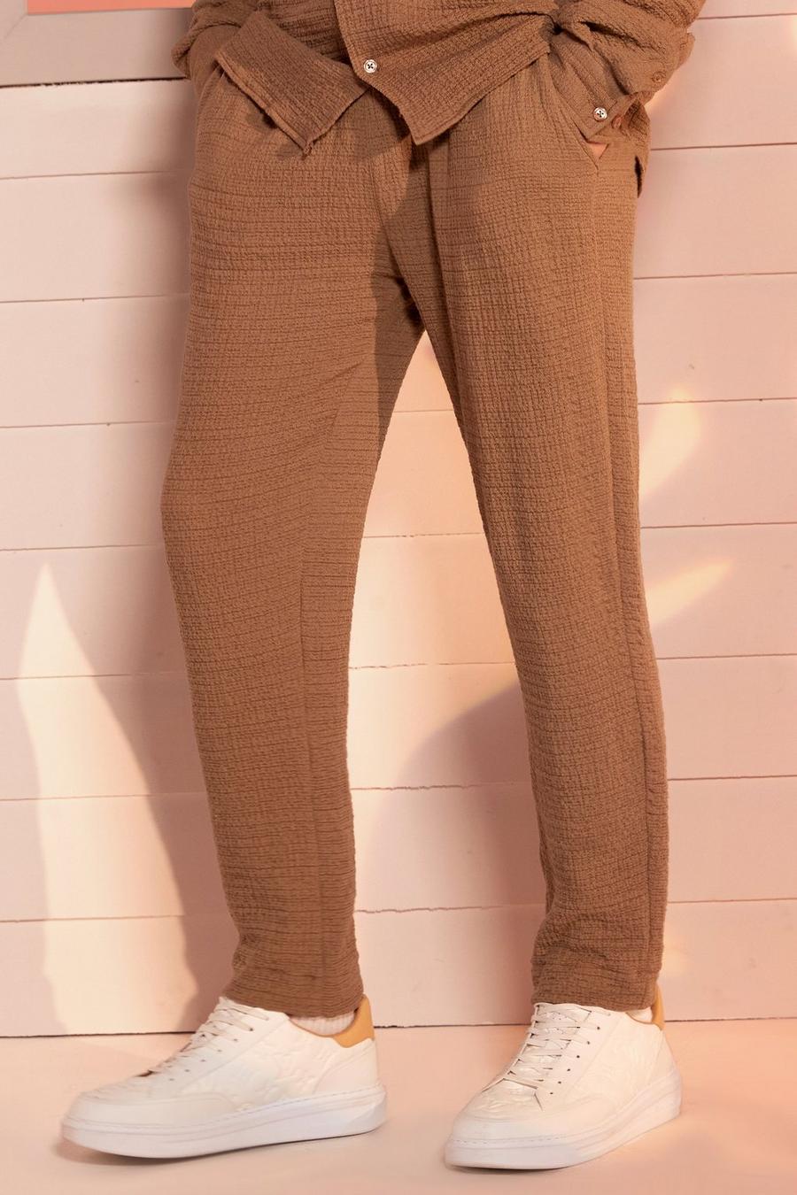Mocha Elasticated Slim Fit Soft Textured Trouser image number 1
