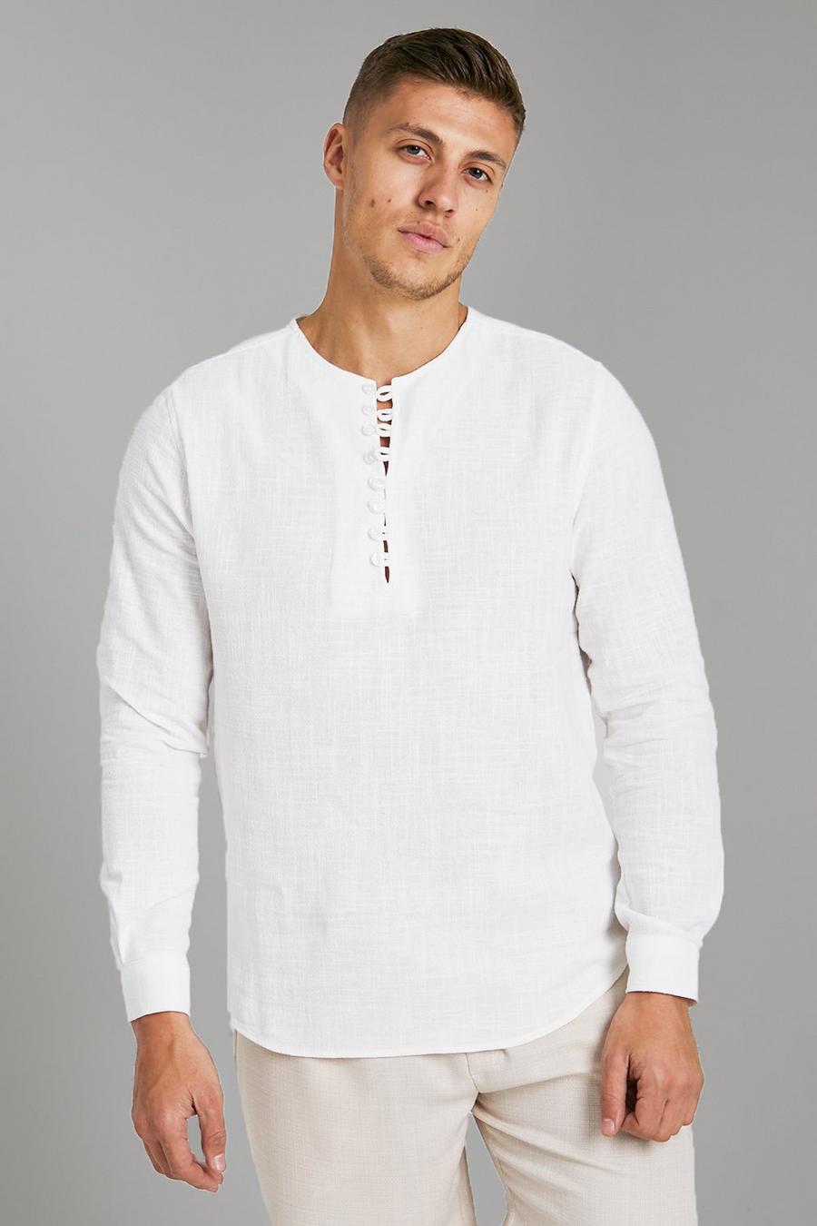 Langärmliges strukturiertes Kaftan-Hemd, White image number 1