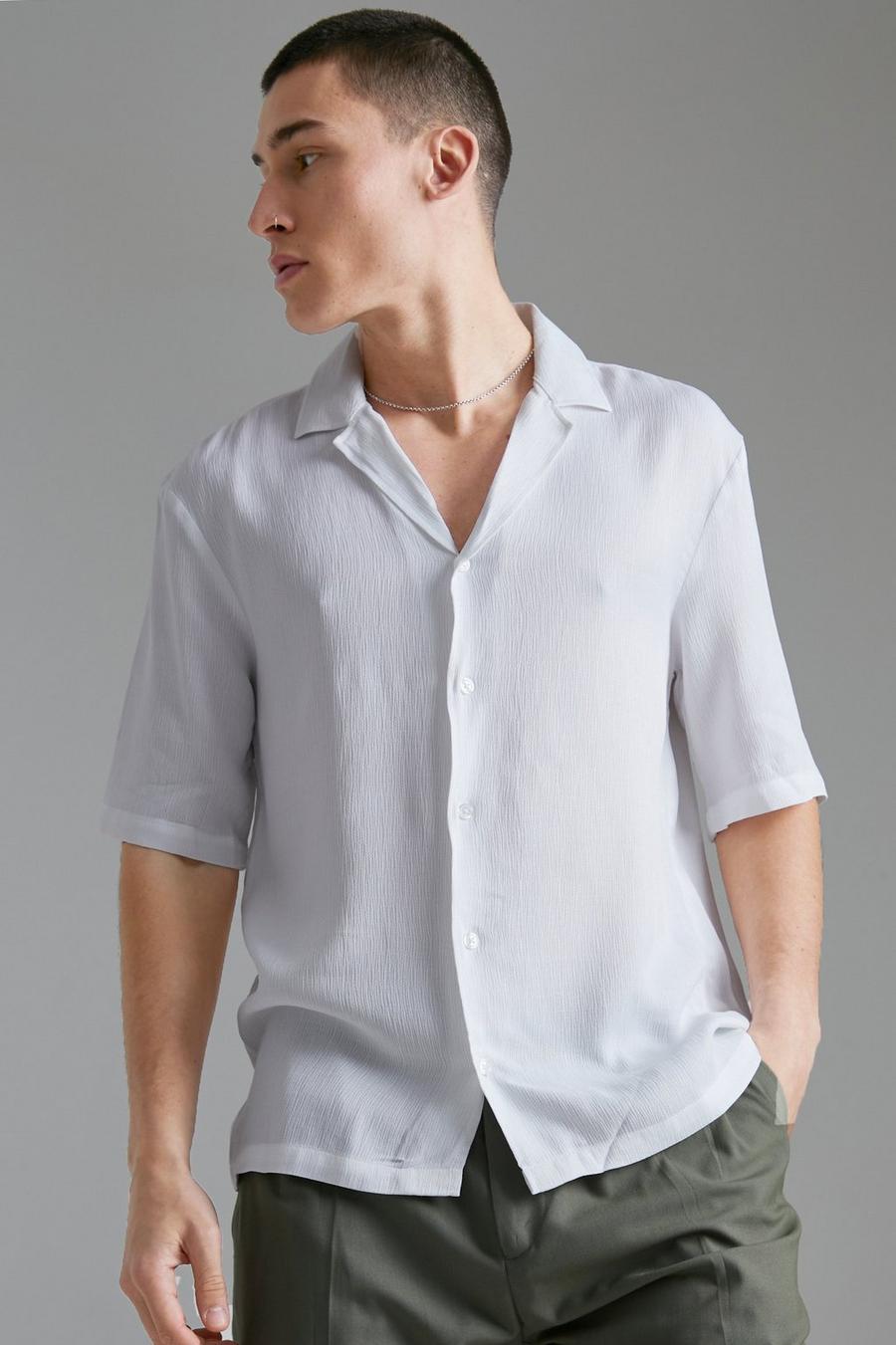 White Short Sleeve Dropped Revere Textured Shirt image number 1