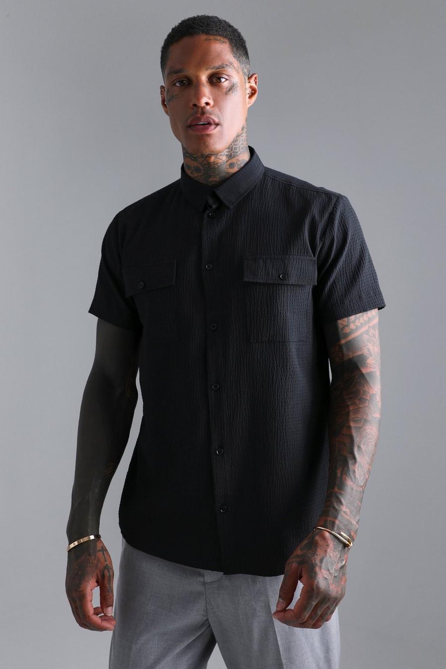 Black Short Sleeve Utility Stitch Gathered Shirt
