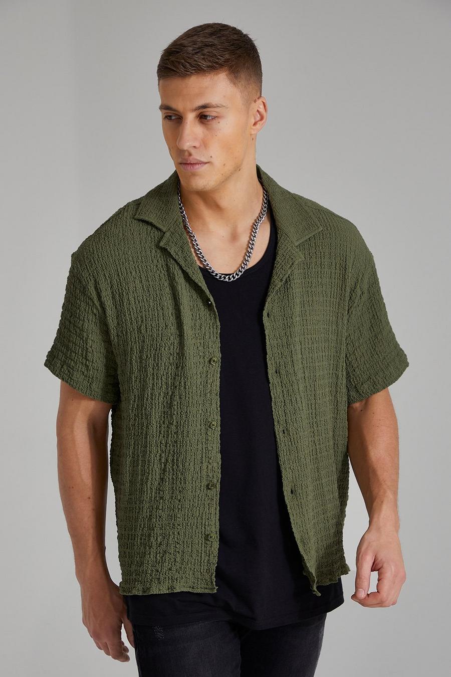 Khaki Boxy Short Sleeve Extreme Crinkle Shirt