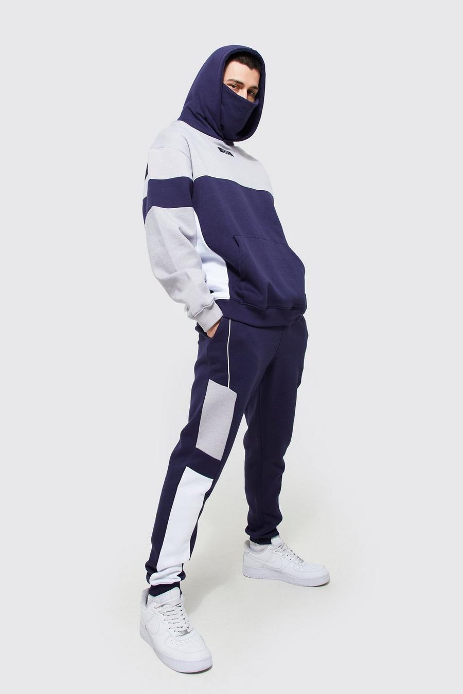 Navy Oversized Colour Block Snood Hooded Tracksuit image number 1
