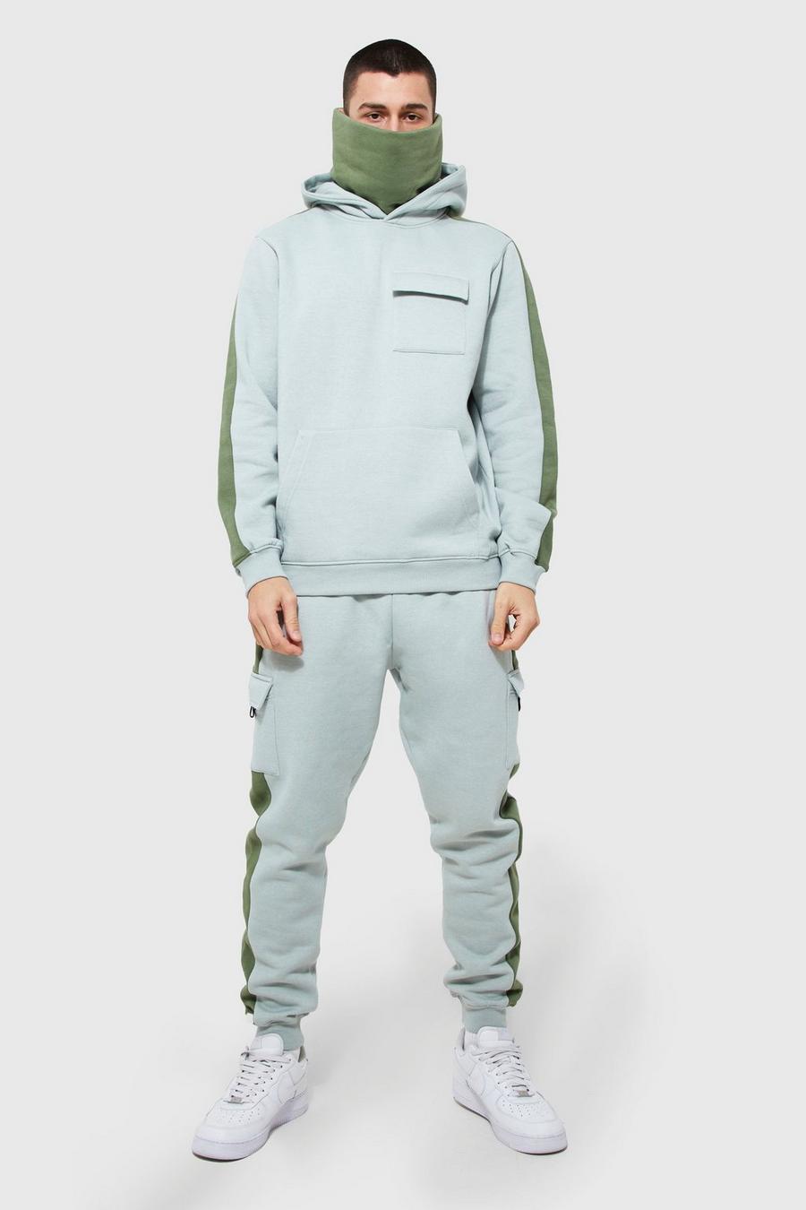 Sage green Side Panel Cargo Hooded Snood Tracksuit