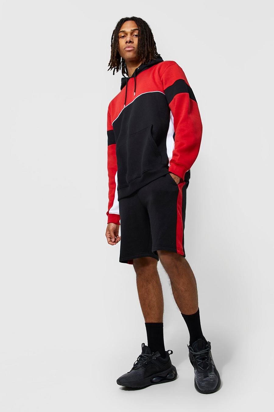 Red Oversized Colour Block Hooded Short Tracksuit image number 1