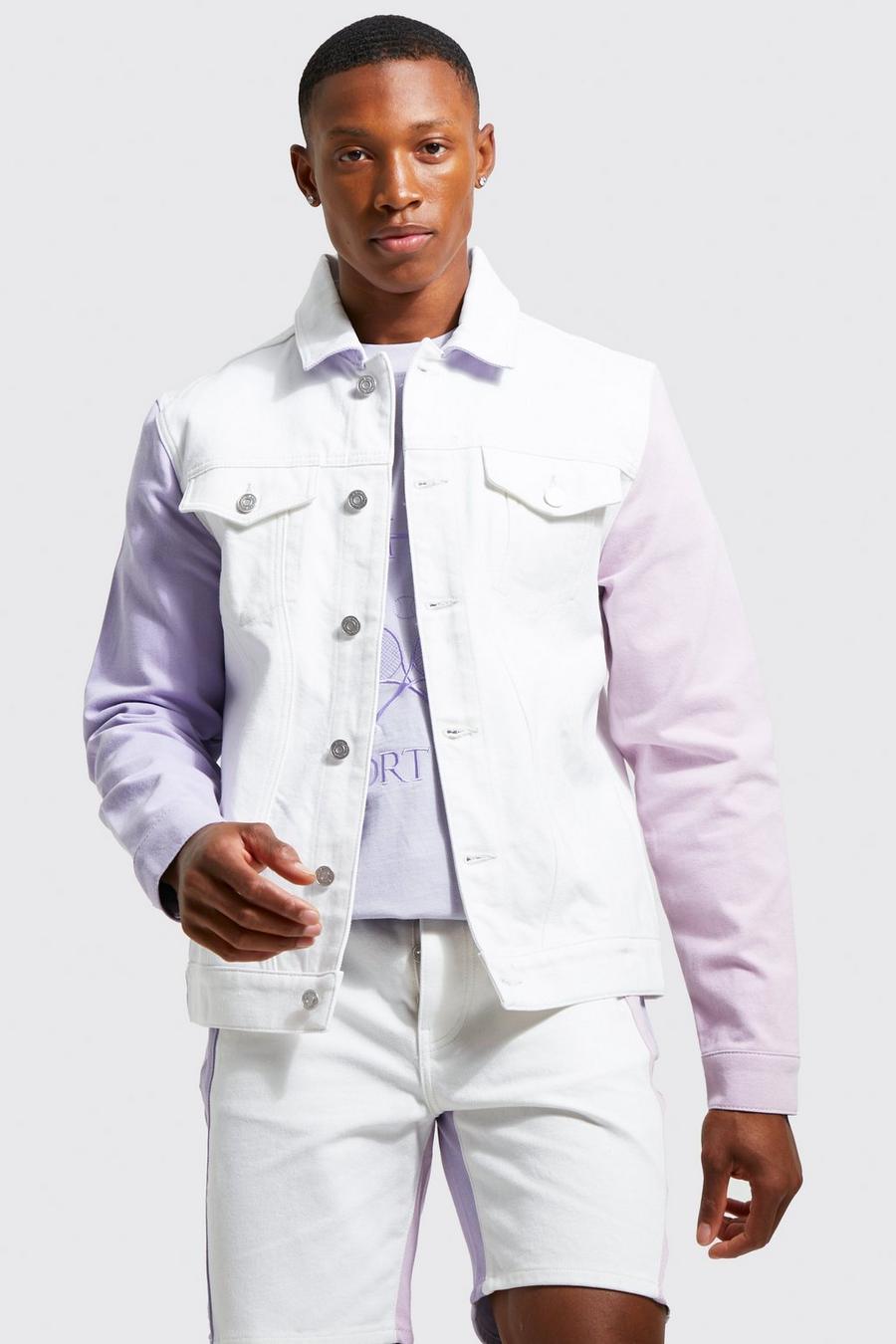 White Regular Fit Colour Block Swirl Denim Jacket image number 1