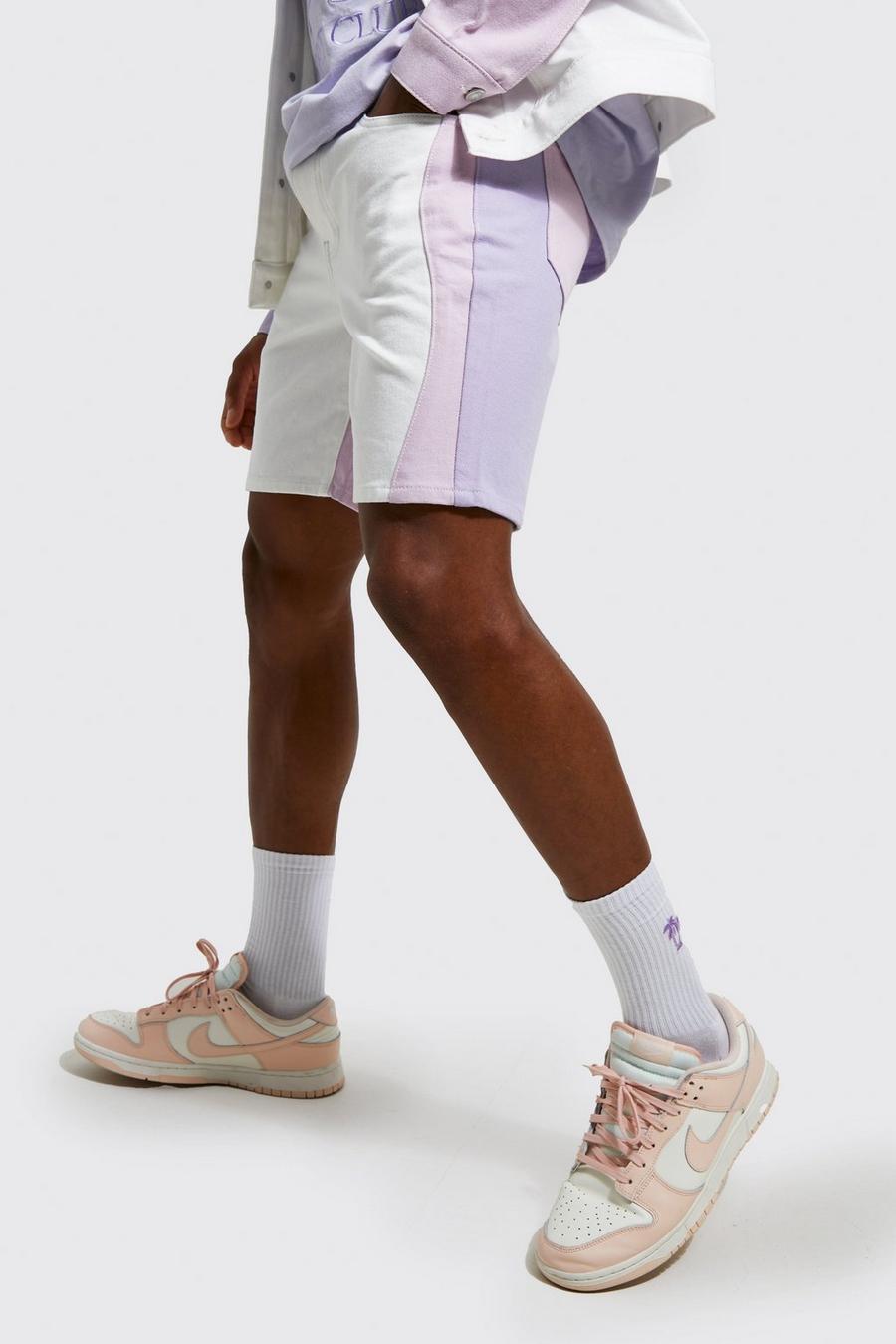 White Denim Slim Fit Colour Block Swirl Print Shorts