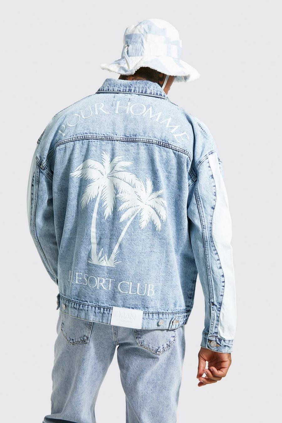 Ice blue Oversized Swirl Palm Print Denim Jacket