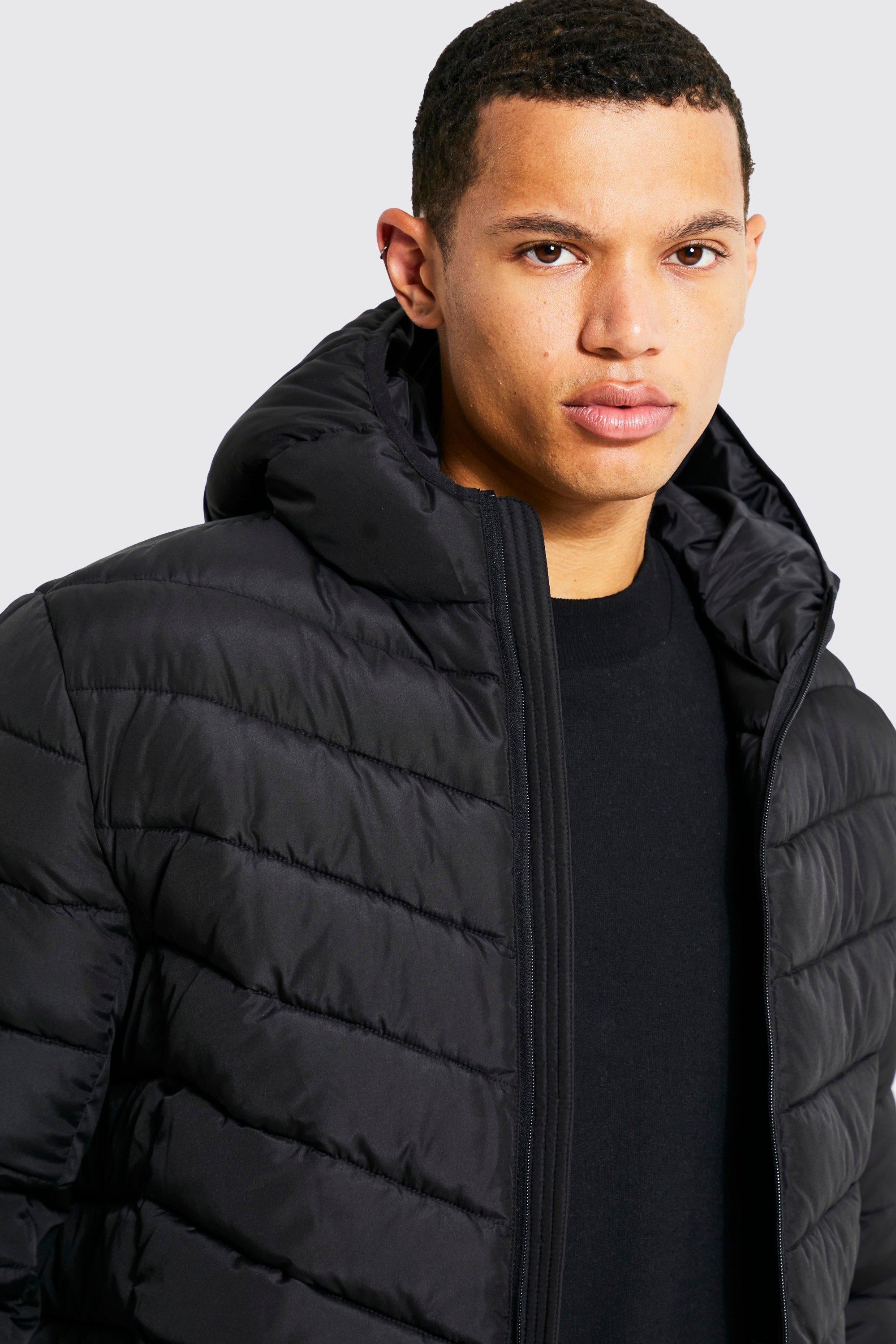 boohoo Mens Quilted Zip Through Jacket with Hood - Black L