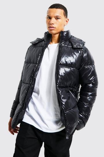 Black Tall High Shine Puffer Jacket in Black