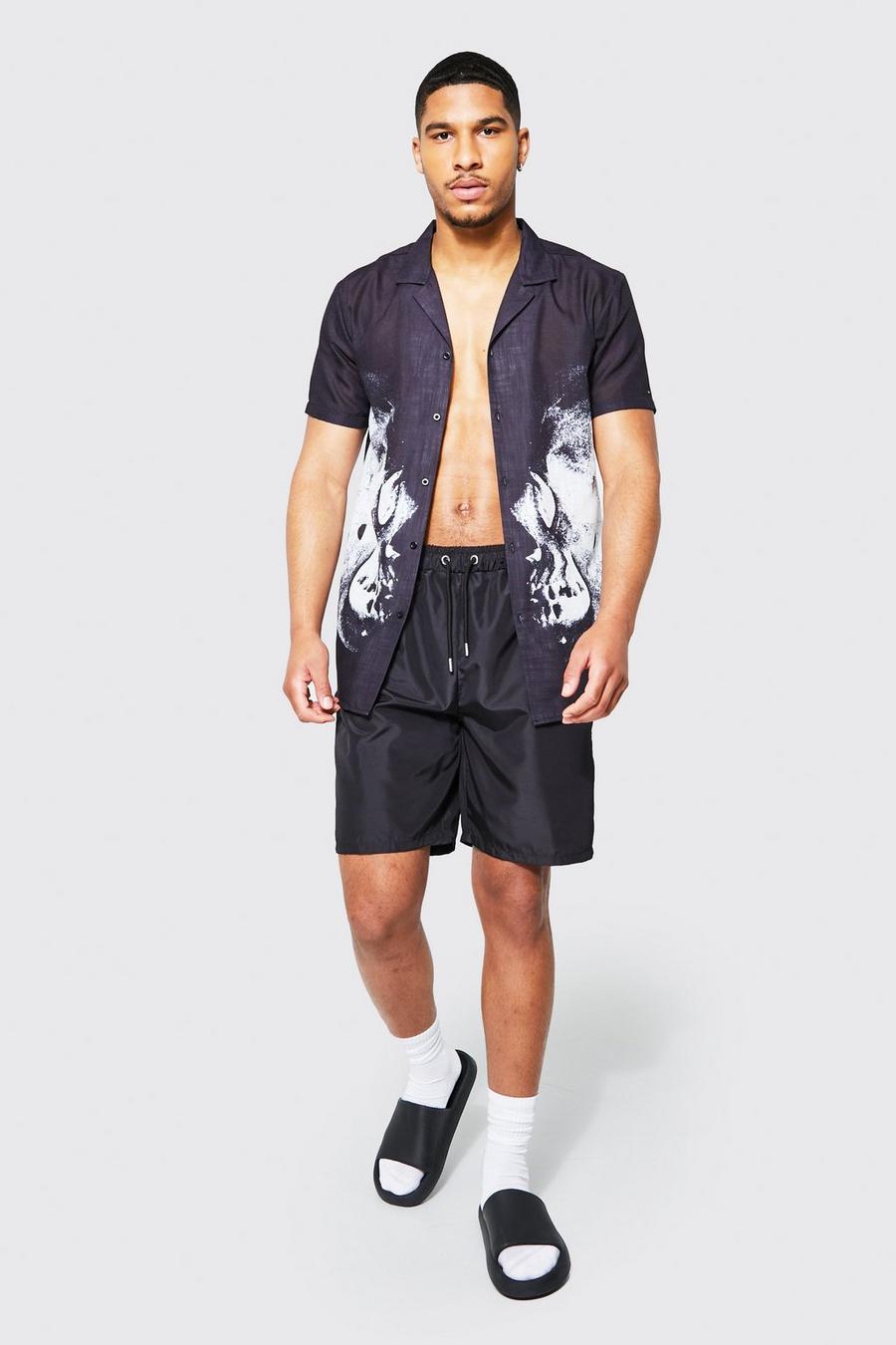 Black Tall Textured Skull Shirt And Swim Set