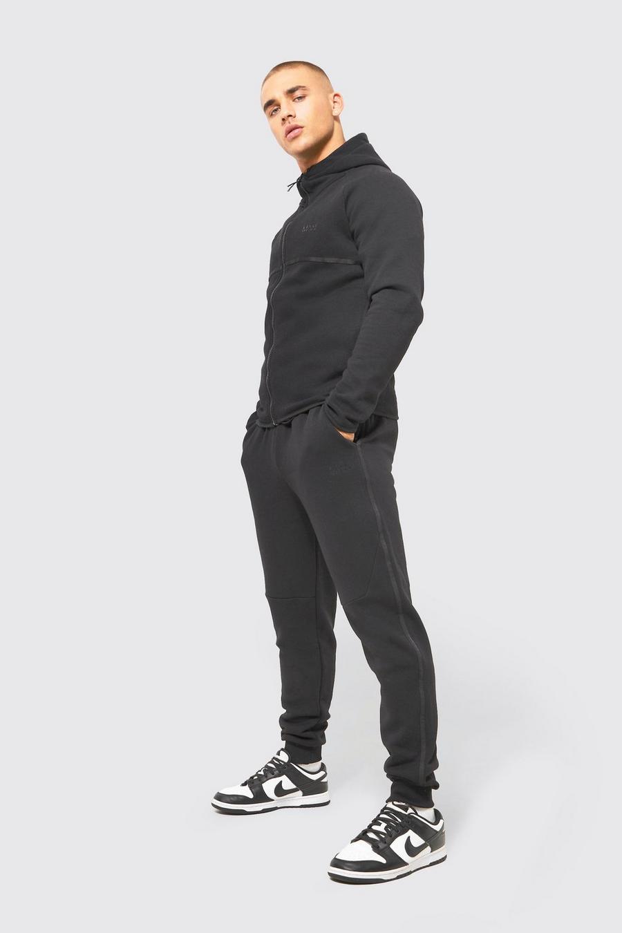 Ensemble de survêtement à bandes contrastantes avec sweat à capuche zippé et jogging - MAN, Black image number 1