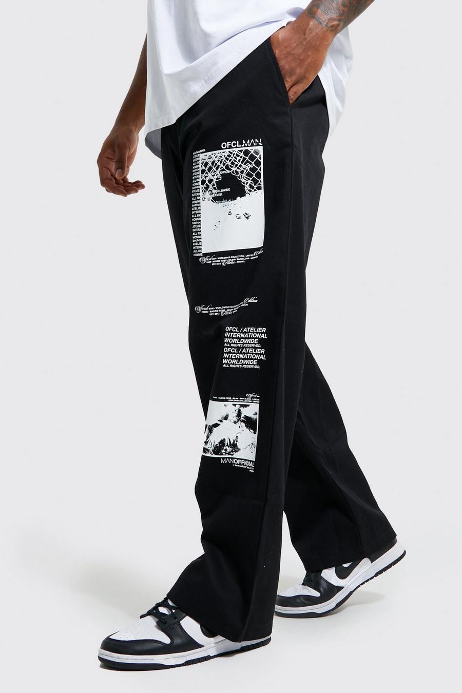 שחור negro מכנסי צ'ינו בגזרה ישרה עם כיתוב, מידות גדולות