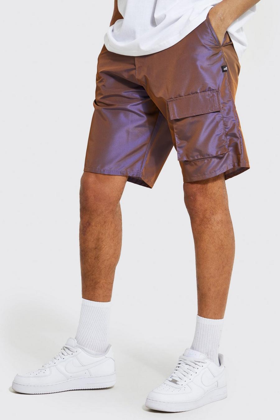 Boohoo Denim Tall Fixed Waist Iridescent Cargo Shorts in Blue Womens Clothing Shorts Cargo shorts 