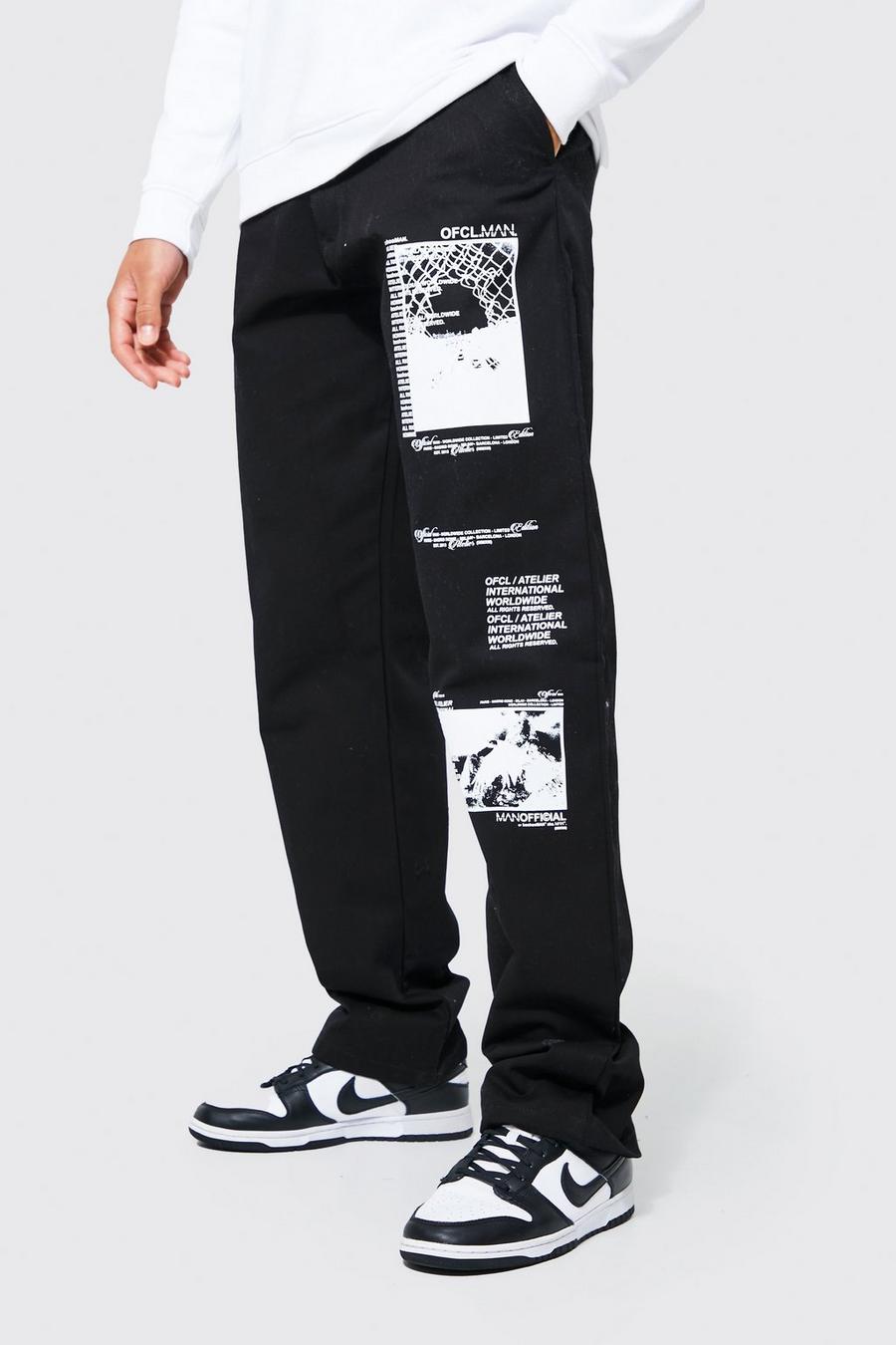 שחור nero מכנסי צ'ינו בגזרה משוחררת עם הדפס כיתוב, לגברים גבוהים